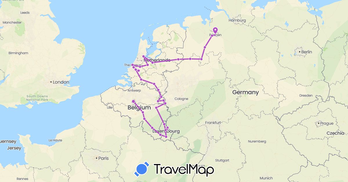 TravelMap itinerary: train in Belgium, Germany, Luxembourg, Netherlands (Europe)