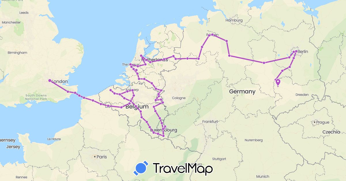 TravelMap itinerary: driving, train in Belgium, Germany, France, United Kingdom, Luxembourg, Netherlands (Europe)